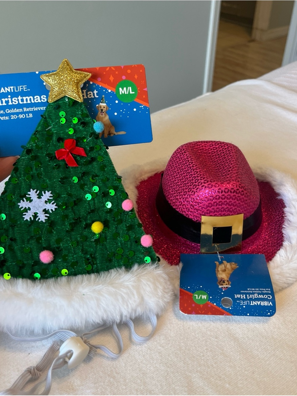Green Sequin Christmas Tree Hat & Pink Sequin Cowboy Dog/Cat Hat Set
